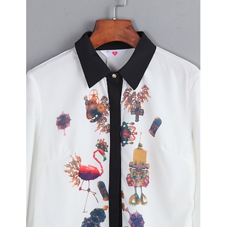Women's Wild Commuter Contrast Color Stitching Print Long Sleeve Chiffon Shirt