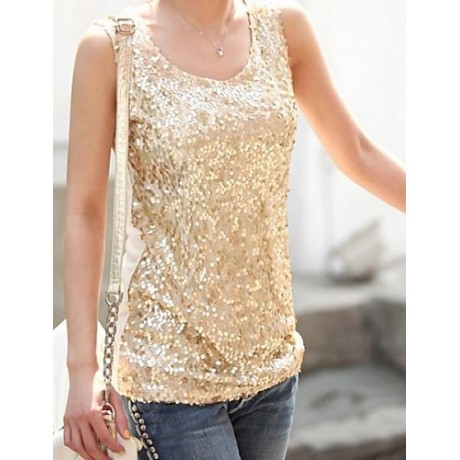 Women's Casual/Daily / Plus Size Simple Summer Tank Top,Solid U Neck Sleeveless Black / Gold Polyester