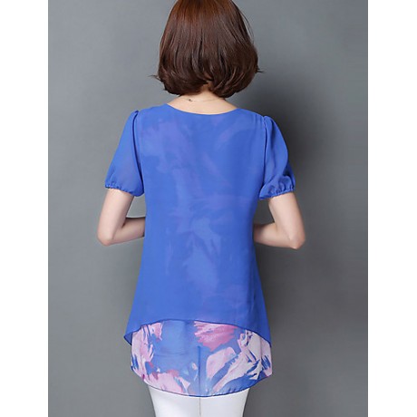 Women's Print Blue / Black / Orange Blouse,Round Neck Short Sleeve